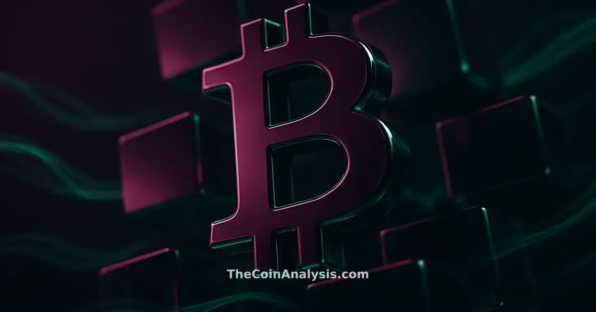 3D glossy Bitcoin symbol surrounded by translucent interlocking blocks and flowing digital data ribbons on dark backdrop