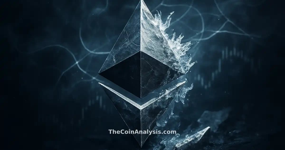 Glowing Ethereum symbol encased in icy crystals with smoky light particles and faint market candles in background