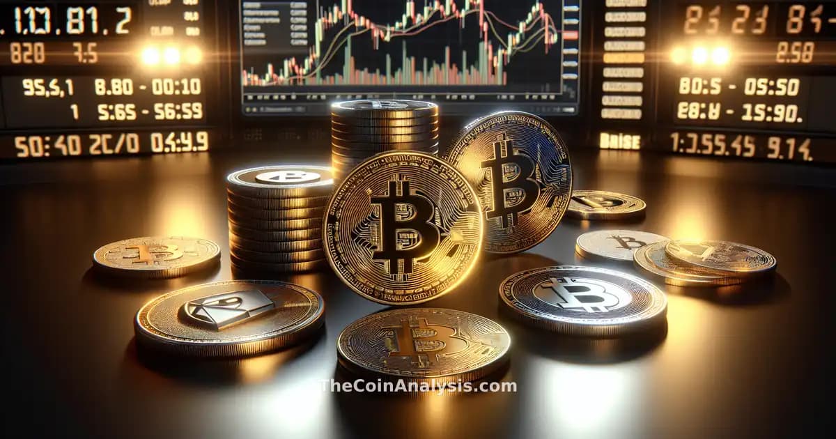 Glossy 3D Bitcoin and altcoins with dramatic rim lighting over sharp-focus trading candlestick chart background