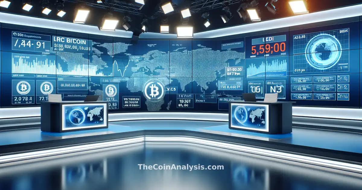 Plateau de journal télévisé avec graphiques numériques de volatilité Bitcoin et images tendues Iran-USA sur fond mondial.