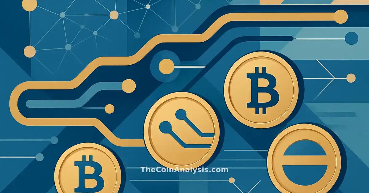 Abstract digital coins connected by glowing network nodes over stylized blue and gold payment rails background