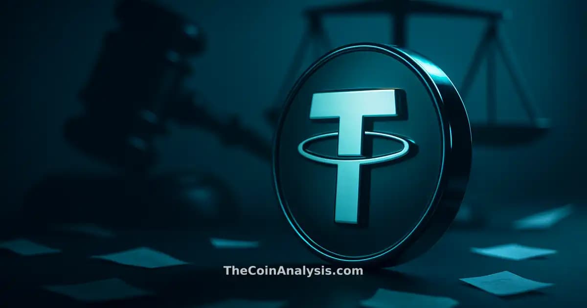Symbole 3D brillant de Tether avec silhouette de marteau et balances de justice en arrière-plan abstrait.