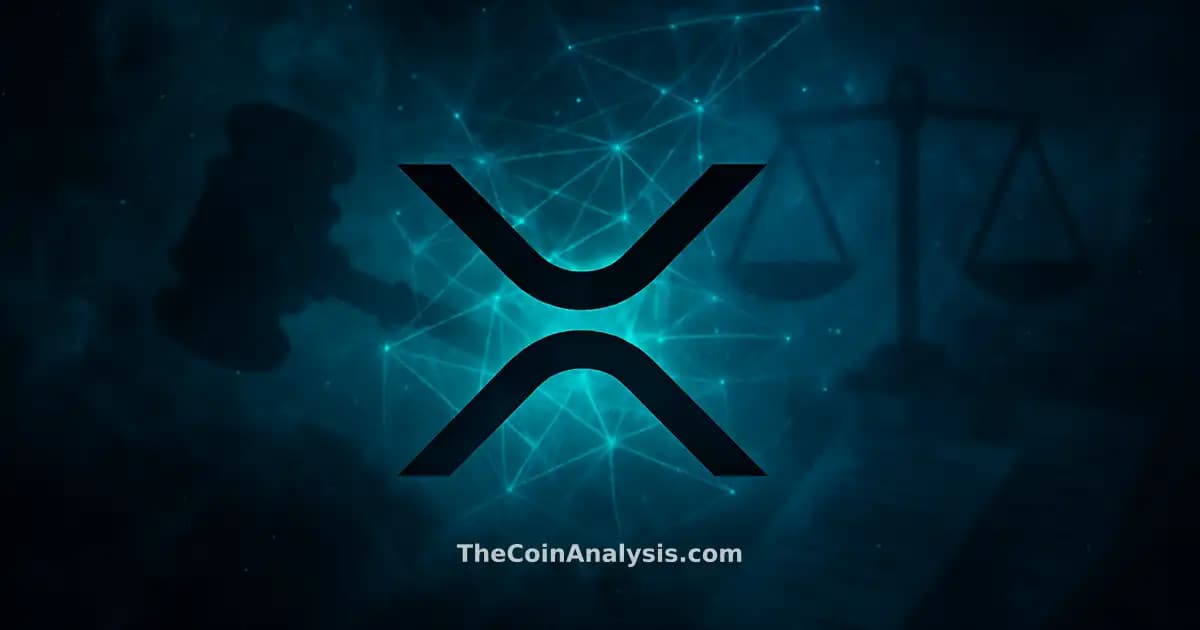 Stylized XRP symbol glowing amid abstract gavel, scales of justice, and fragmented documents in smoky teal and navy background