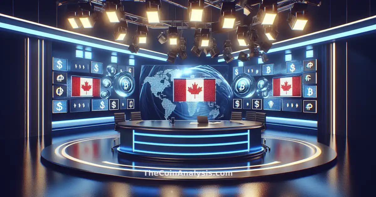 Studio de télévision avec logos numériques du Canada et symboles de cryptomonnaies sur fond bleu lumineux.