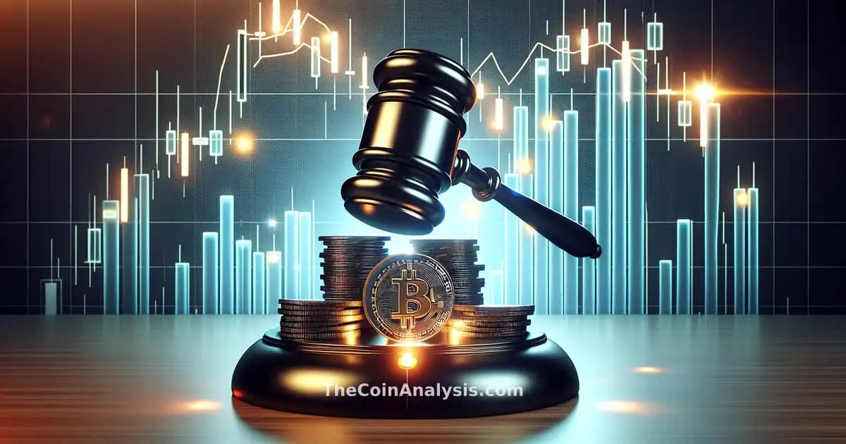 3D glossy gavel striking blockchain coins with glowing candlestick chart in background under dramatic lighting