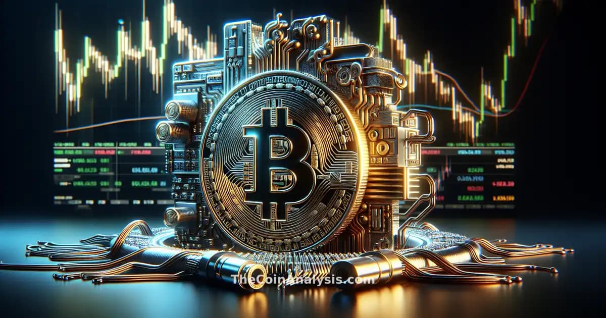 Bitcoin 3D brillant avec éléments blockchain et graphique de chandeliers boursiers en arrière-plan sombre.