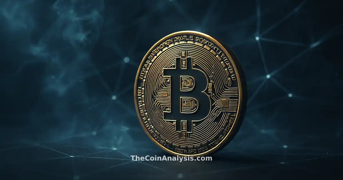 Stylized Bitcoin coin with golden rim light amid glowing network filaments and smoky, moody blue-grey backdrop