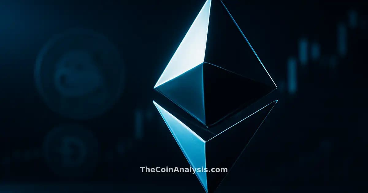 Symbole Ethereum 3D brillant en lumière dramatique, glyphe Dogecoin discret et chandeliers boursiers flous en arrière-plan.