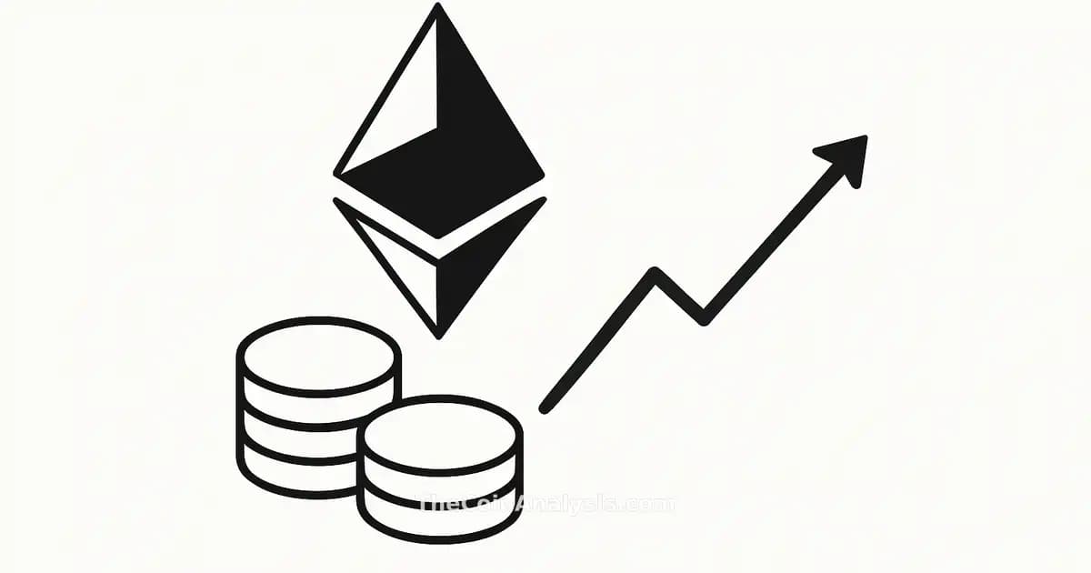 Abstract Ethereum symbol with digital coins and rising minimalist chart lines on white background in editorial style