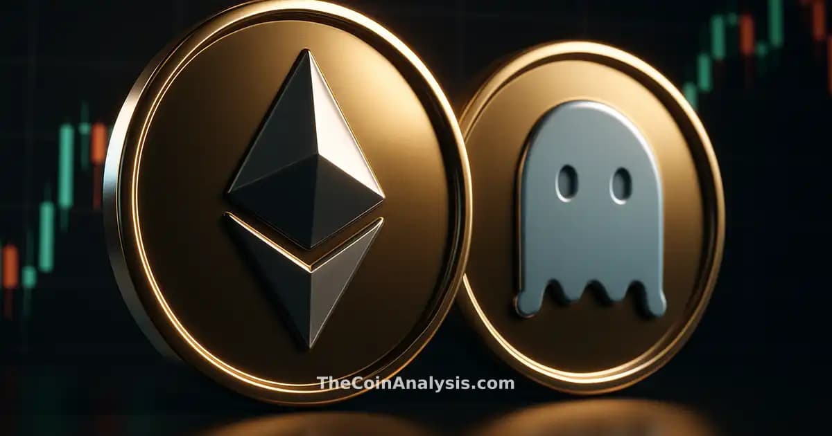 Pièces 3D brillantes d’Ethereum et Aave devant un graphique chandelier de trading, éclairage dramatique fintech.