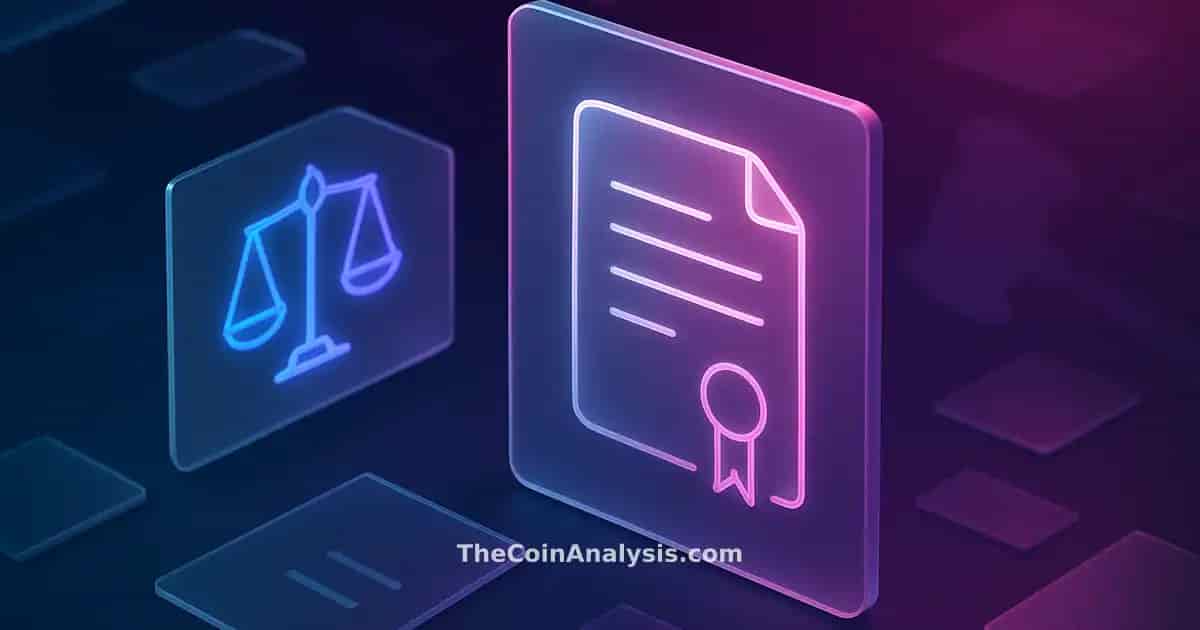 Isometric data visualization with frosted glass panels featuring a stylized legislative document, scales of justice, and a faint gavel silhouette in midnight blue and magenta tones