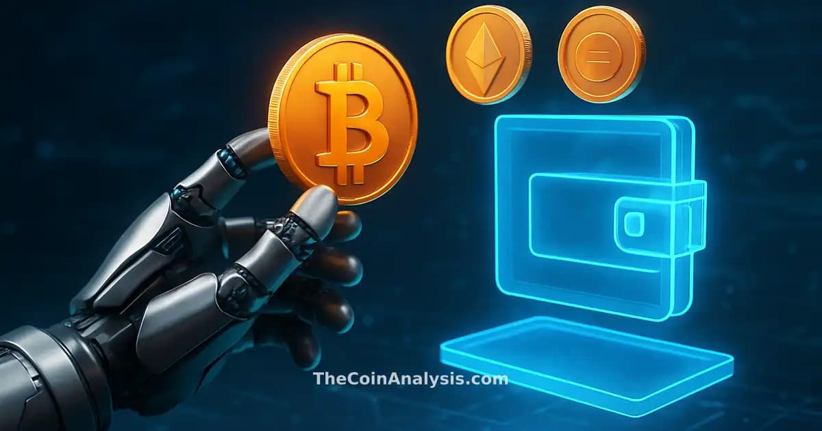 Futuristic robotic arm transferring digital crypto coins to a glowing holographic crypto wallet on tech background