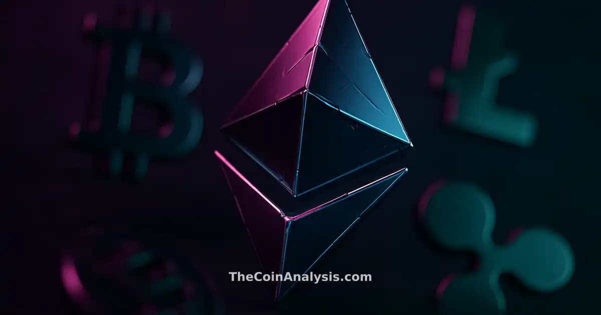 Glossy 3D Ethereum diamond glyph with ether-blue accents and fragmented edges on dark plum and emerald background