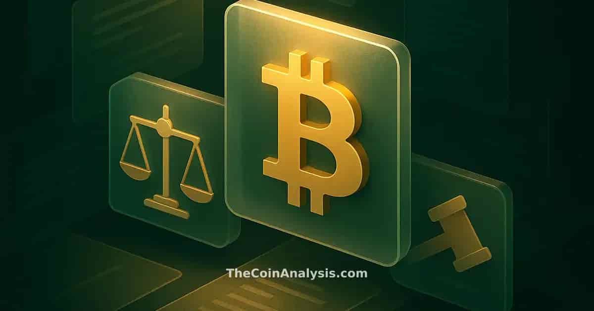 Isometric Bitcoin symbol with geometric scales of justice, abstract gavel, and translucent document layers in green and gold.