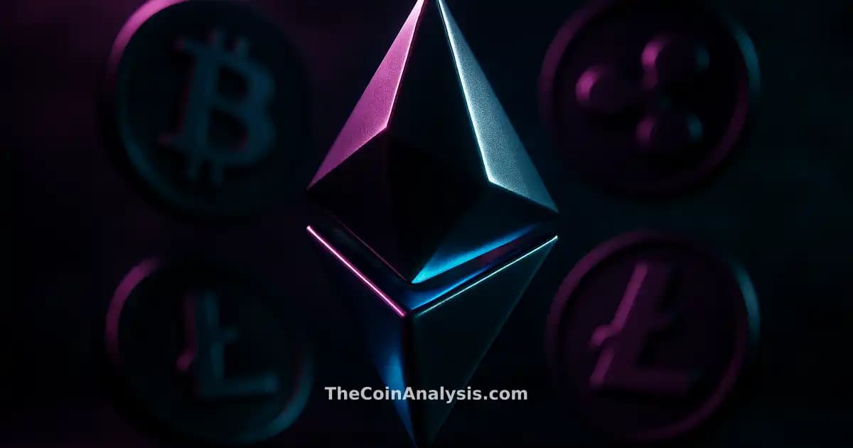 3D glossy Ethereum diamond glyph with glowing blue accents, set against a dark plum and emerald backdrop with soft bokeh.