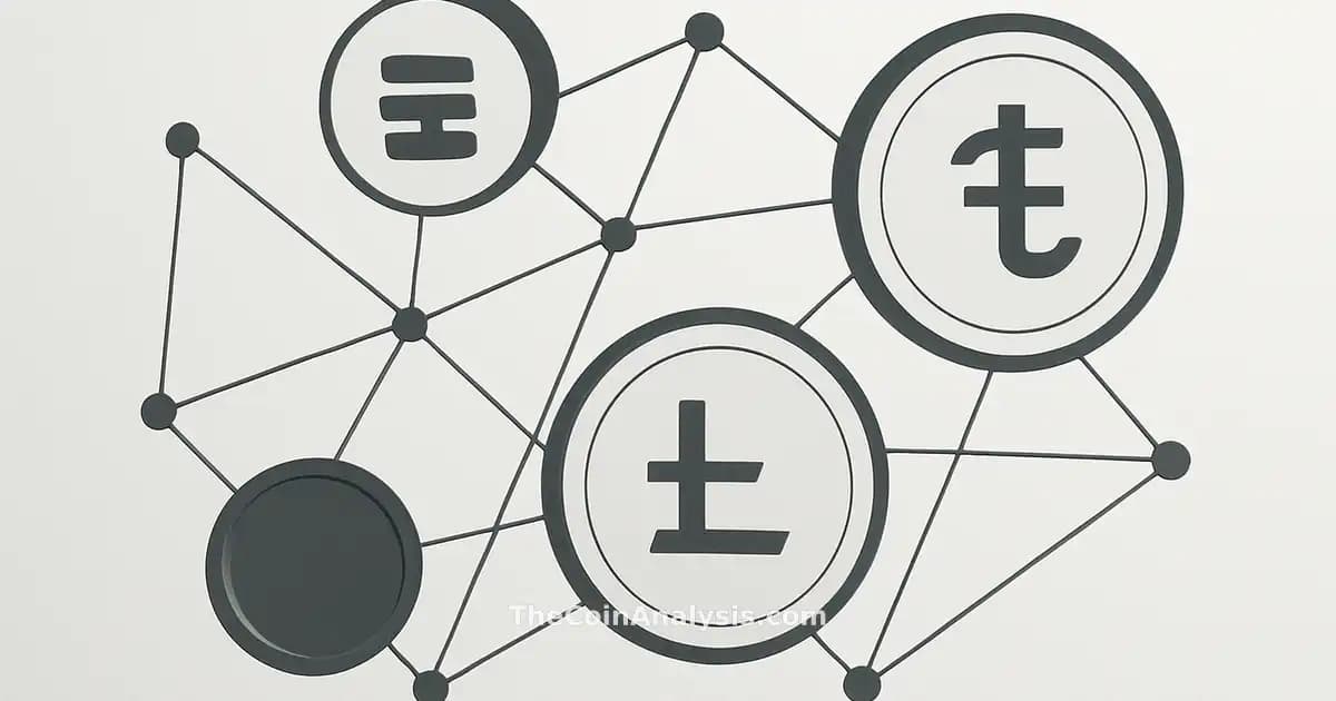 Abstract digital coins connected by network lines with subtle lari (₾) symbols and GELT text overlays
