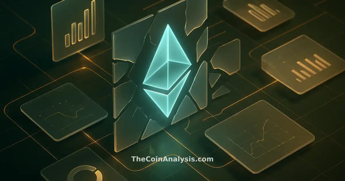 Isometric Ethereum diamond glyph glowing ether-blue amid fragmented frosted-glass shards and golden data flows
