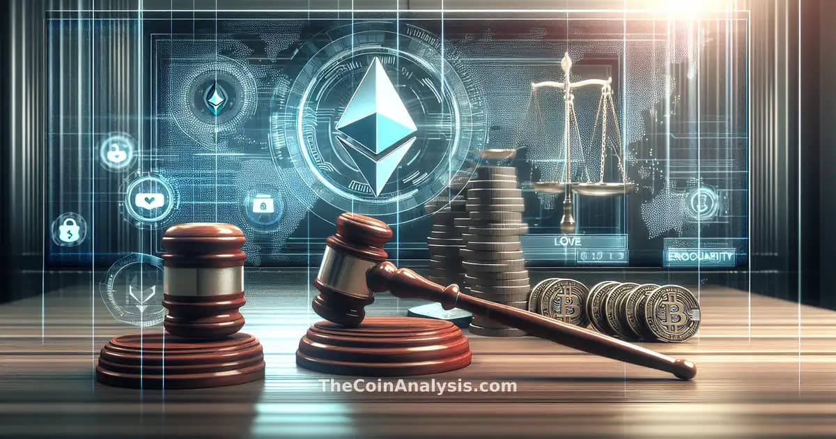 News studio with digital Ethereum coins, judge’s gavel, and security icons highlighting urgent crypto recovery.