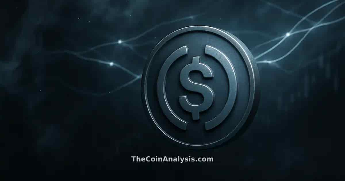 Stylized USD Coin glyph glowing amid smoky blue-grey abstract network filaments and faint market candle shapes
