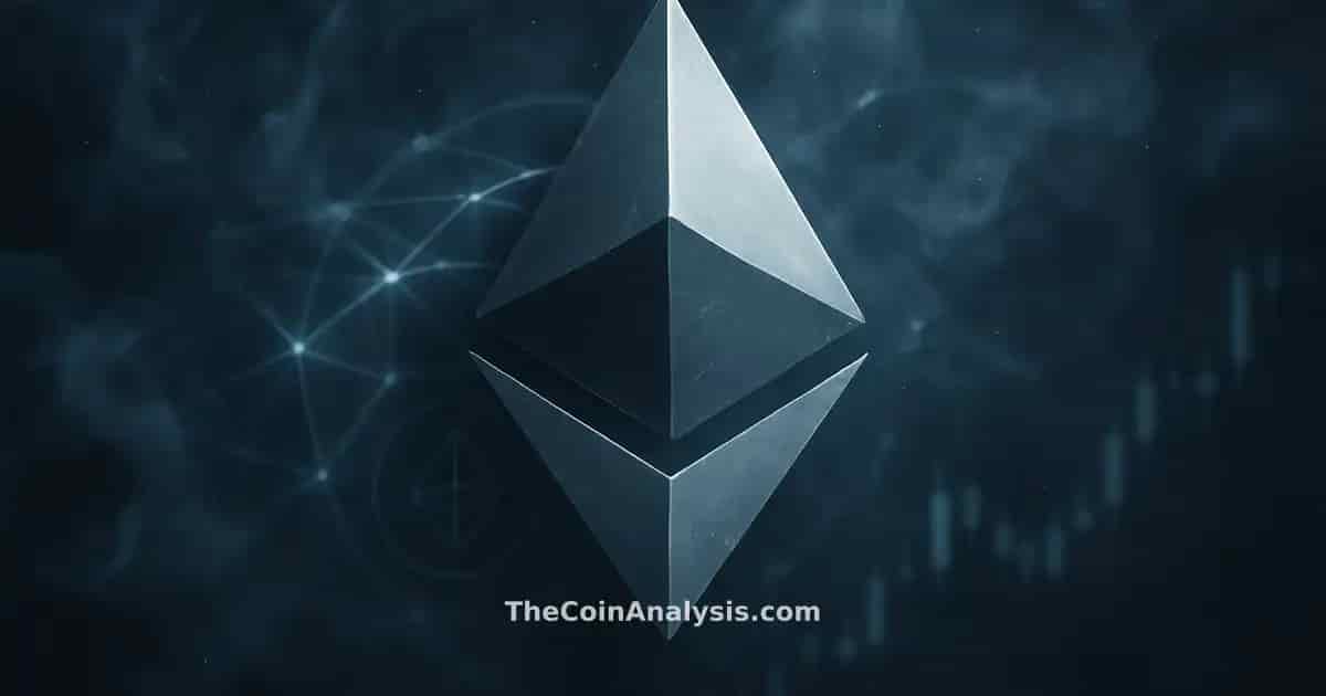 Ethereal glowing Ethereum symbol with floating token glyph and abstract market candles in moody slate grey and ice blue atmosphere