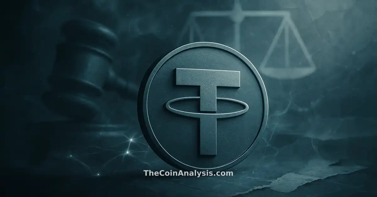 Stylized Tether symbol with abstract gavel, geometric justice scales, and fragmented documents in slate grey and ice blue.