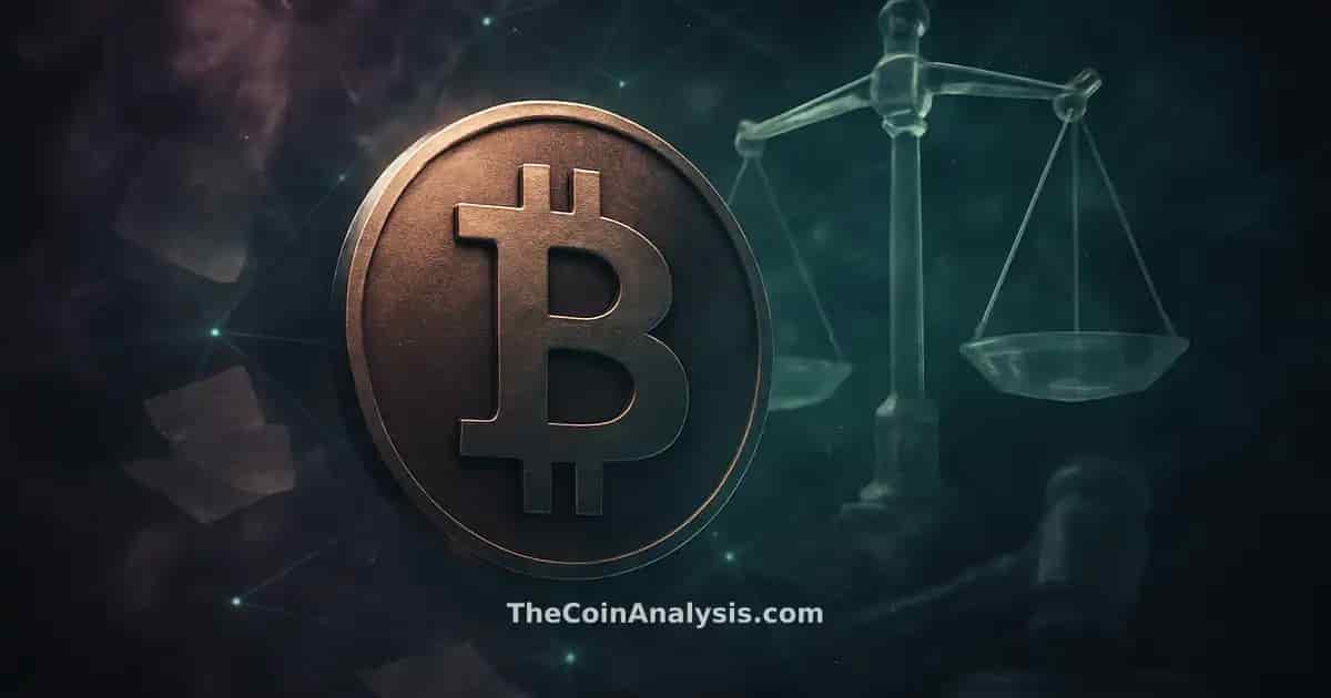 Metallic Bitcoin symbol surrounded by translucent scales of justice and abstract gavel in smoky light particles.