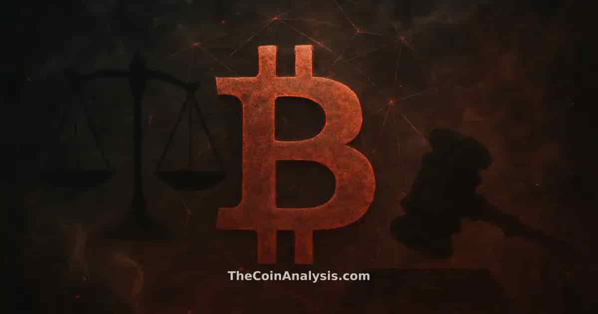 Stylized Bitcoin symbol amid glowing network filaments, geometric scales of justice, and abstract gavel silhouette.