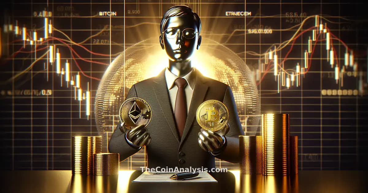 Donald Trump entouré d’avatars numériques, pièces Bitcoin, Ethereum, Cronos, graphique chandelier, ambiance fintech.