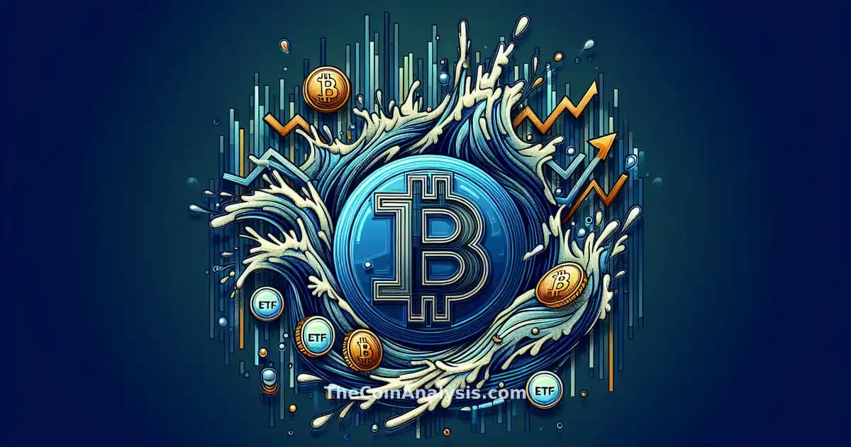 Carte en verre abstraite montrant un bitcoin en chute avec ondes impactant symboles tech et ETF.