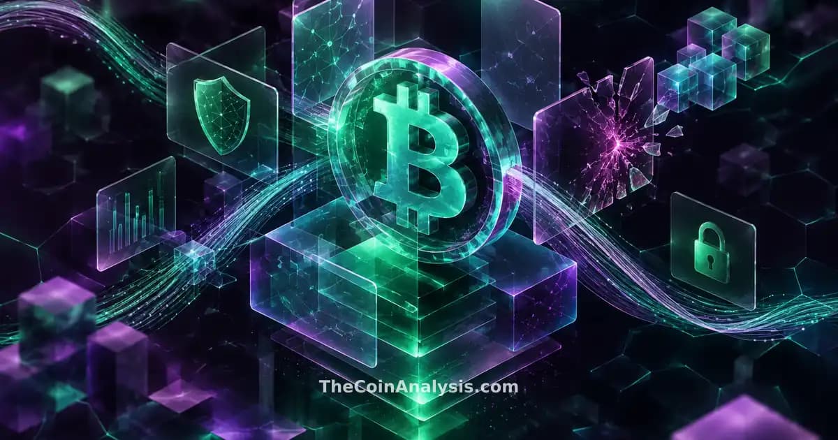 Stylized Bitcoin symbol amid floating frosted-glass panels and hex grid with flowing data ribbons in plum and emerald tones