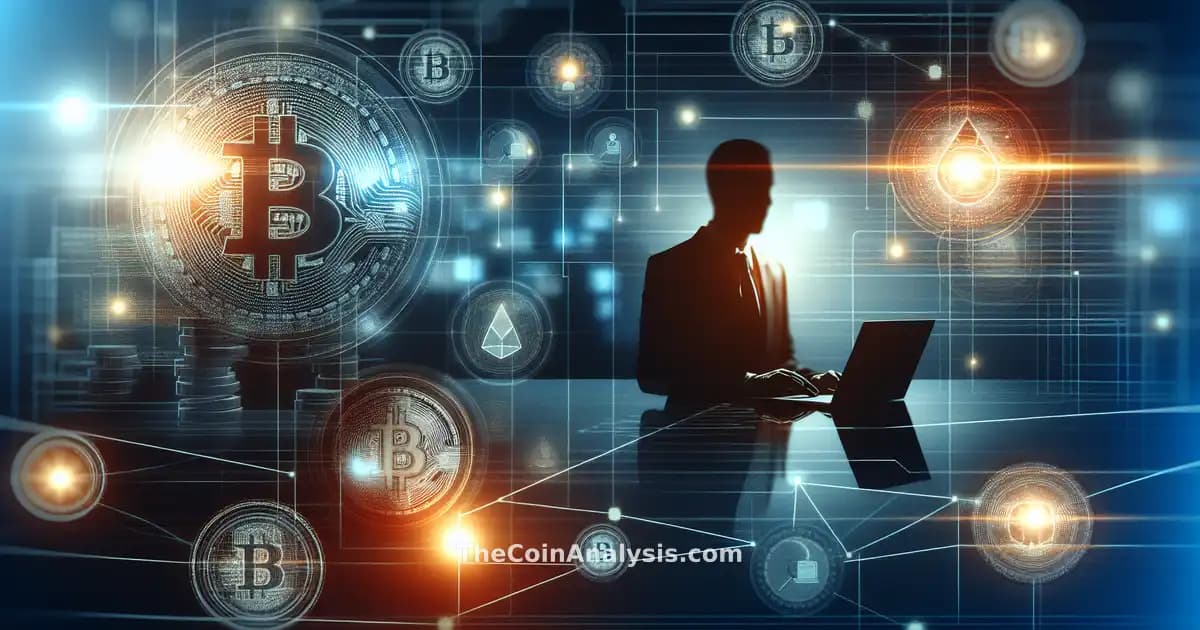 Abstract digital network with crypto coin icons and a shadowy hacker silhouette on a corporate tech gradient background