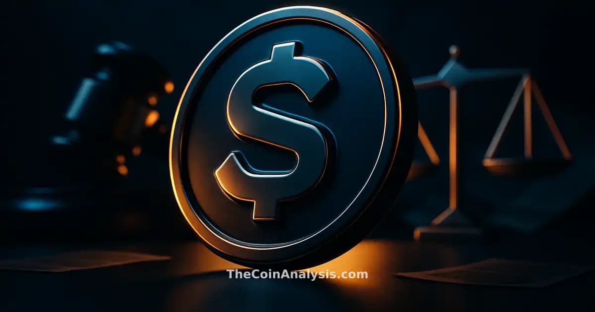 3D glossy VIRTUAL crypto symbol with abstract gavel, geometric scales, and fragmented documents on dark backdrop