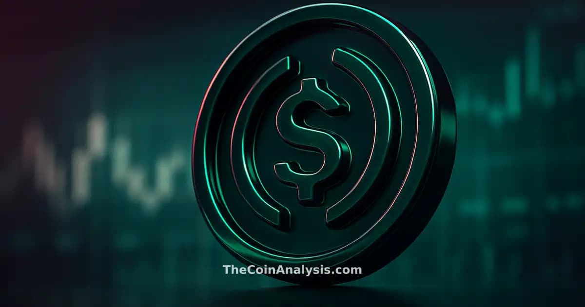 3D glossy USDC symbol illuminated by rim light on frosted glass trading floor with candlestick silhouettes and tickers