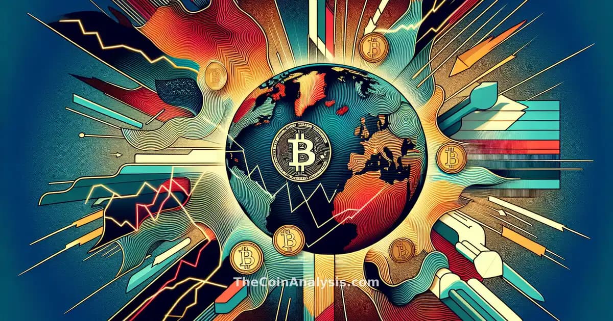 Abstract geometric shapes and dynamic lines in bold colors symbolize Bitcoin volatility amid Middle Eastern conflict.