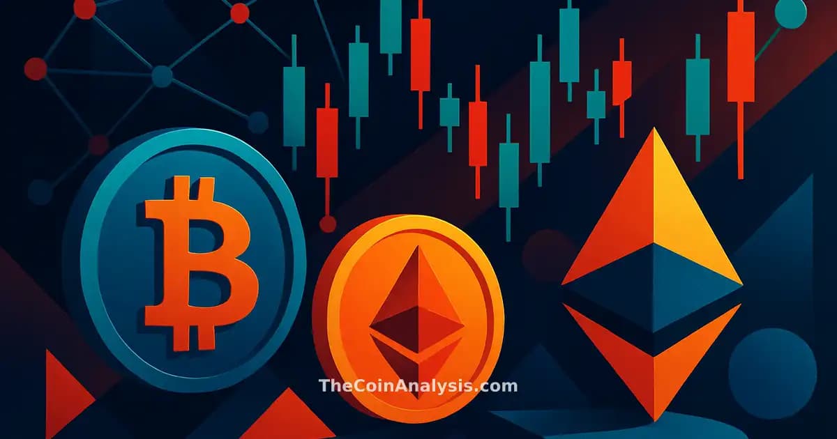 Abstract digital illustration with Bitcoin coins, network nodes, candlestick charts, and geometric shapes in bold colors