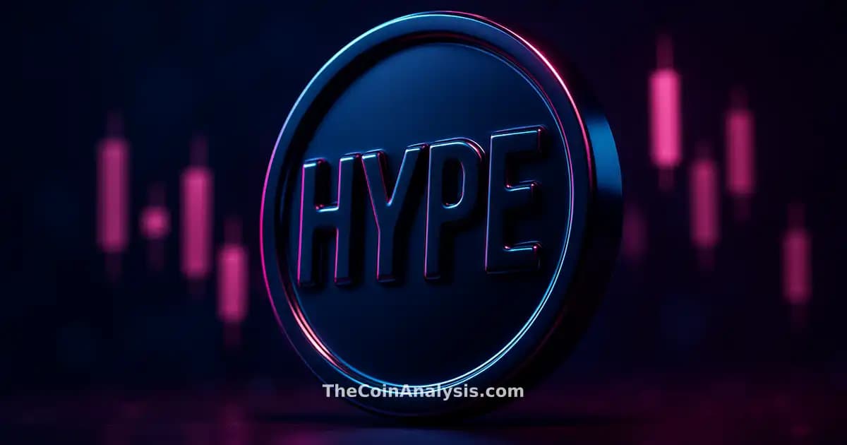 3D glossy HYPE token glyph with glowing prediction market candles against a deep midnight blue and magenta bokeh background