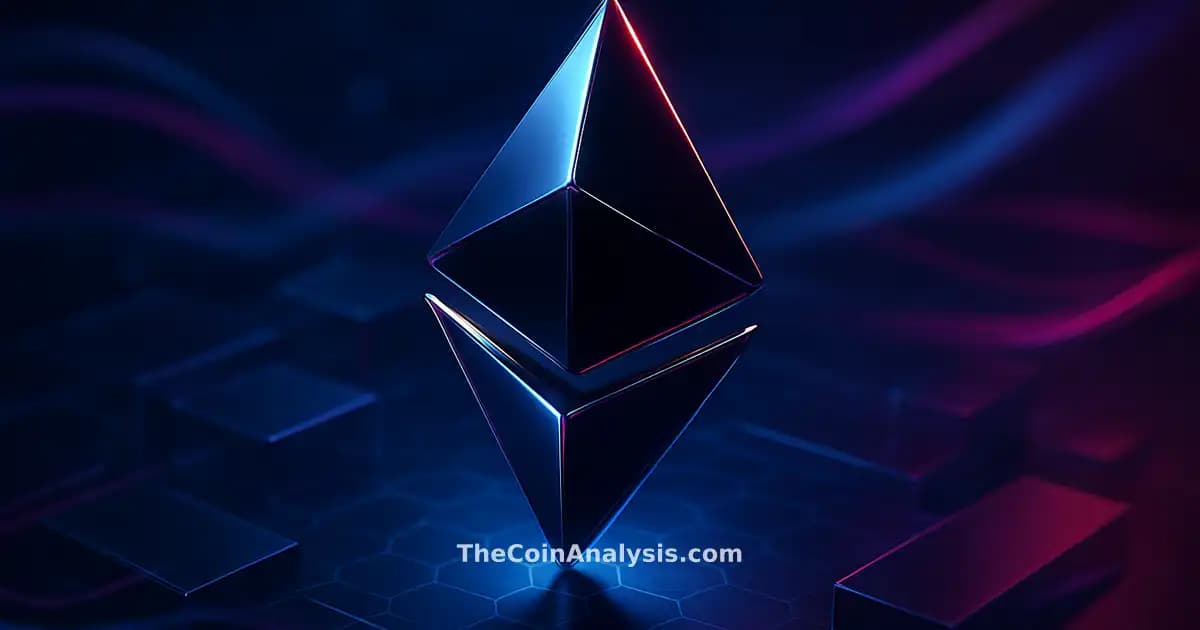 3D glossy Ethereum symbol illuminated by rim light, surrounded by translucent hexagonal blocks and flowing data ribbons