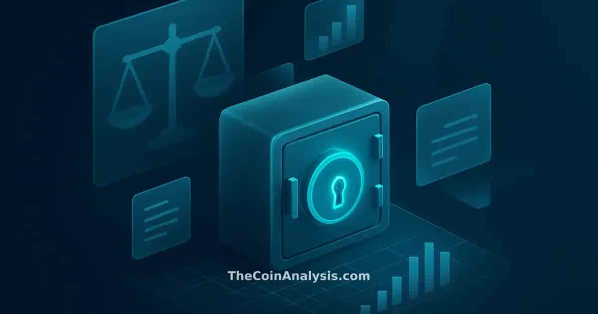 Isometric digital vault with glowing portal, surrounded by geometric scales of justice and floating document fragments