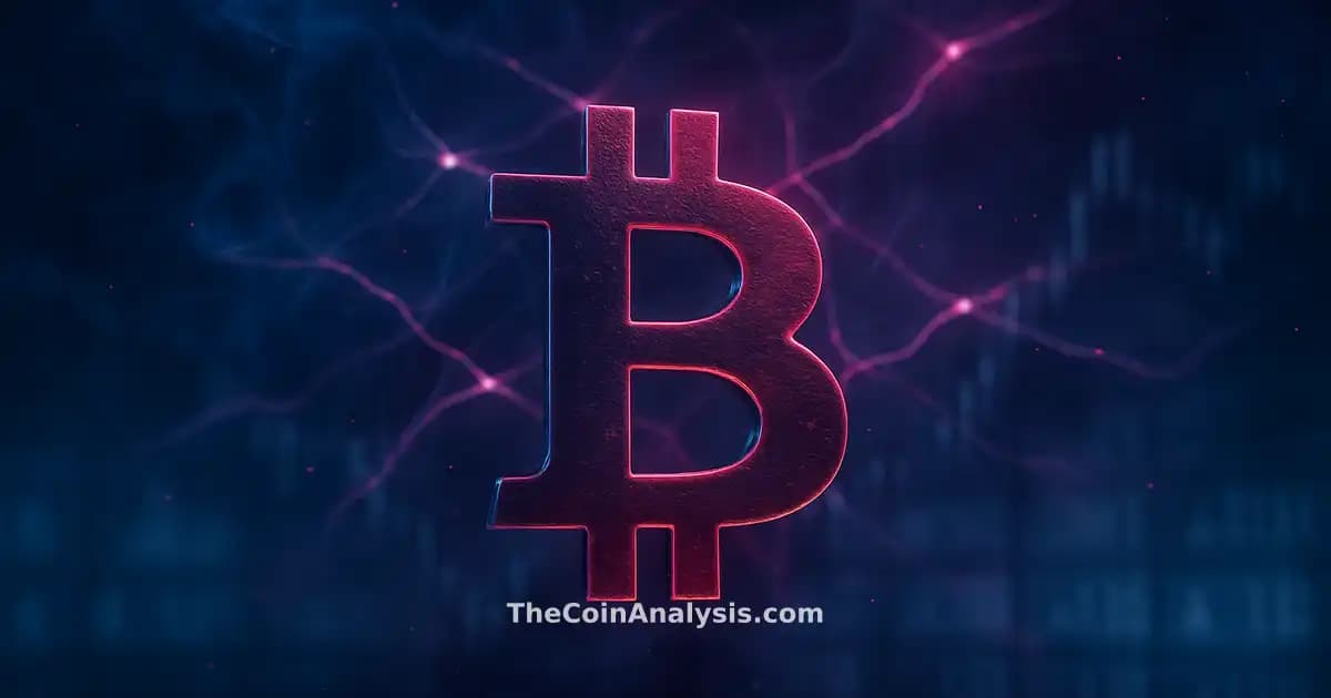 Stylized glowing Bitcoin symbol set before an abstract trading floor with frosted glass tickers and candlestick silhouettes.