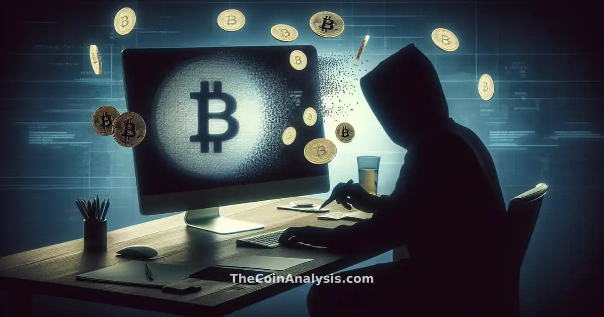 Shadowy figure at computer with Solana logo and vanishing digital coins, conveying urgency and cyber threat.