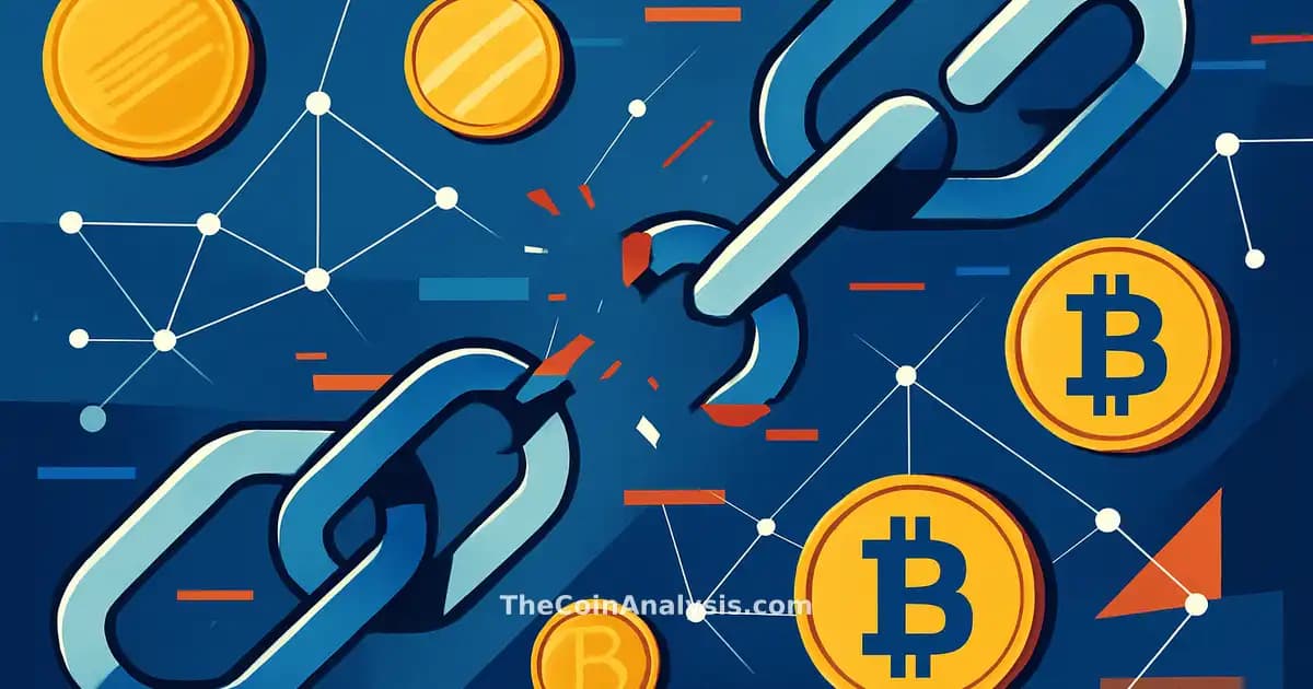 Composition géométrique abstraite montrant des liens blockchain brisés, pièces numériques, nœuds réseau et effets glitch.