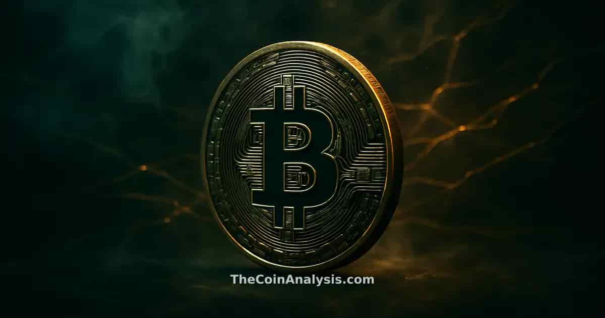 Stylized Bitcoin coin with golden rim light against deep navy backdrop, surrounded by glowing network filaments and smoke.