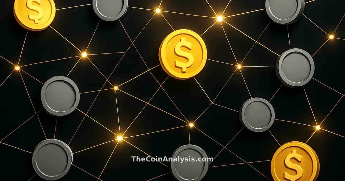 Gold and silver digital coins connected by glowing network lines on a dark background in a bold graphic style