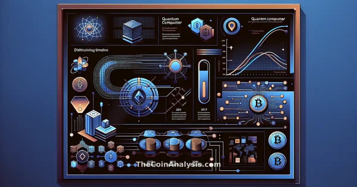 Infographic depicting quantum computer hardware, a shrinking timeline graphic, and cryptocurrency symbols under threat.