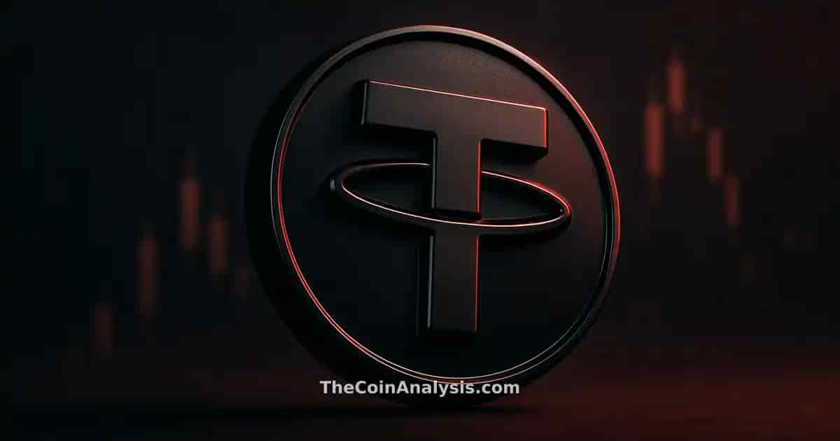 3D glossy Tether token centered with charcoal and crimson tones, low-angle lighting, and blurred market candles background
