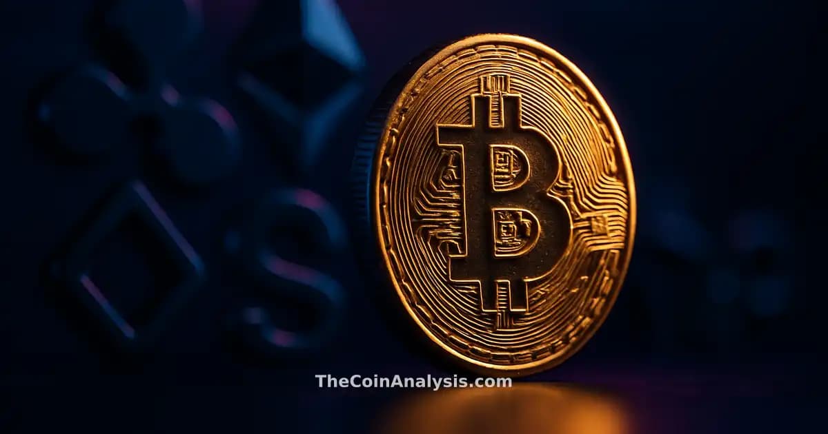 Pièce Bitcoin dorée stylisée avec éclairage doré dramatique sur fond bleu nuit métallique, ambiance vulnérable.