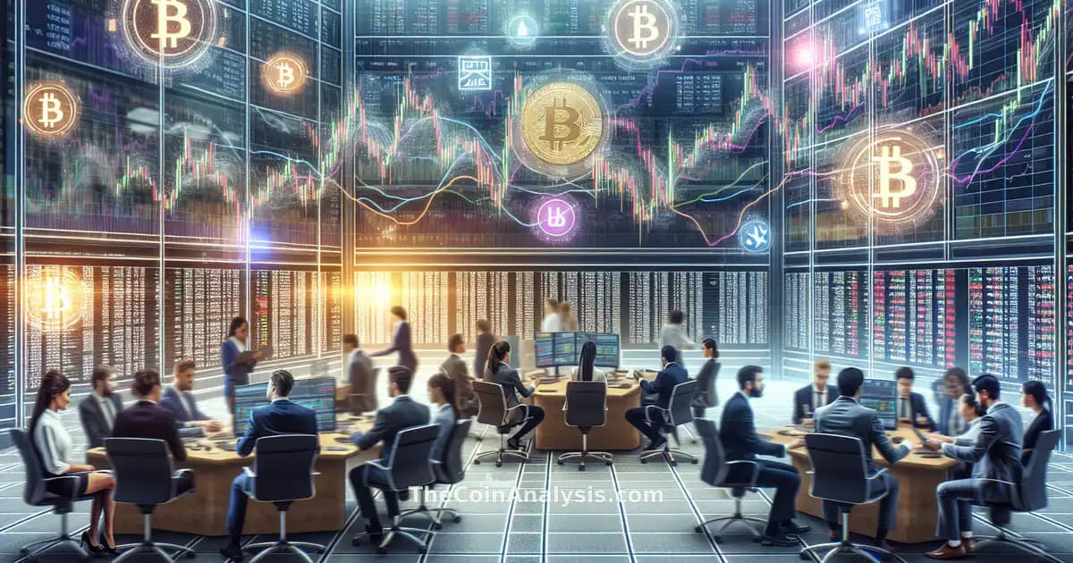 Trading floor with professionals analyzing digital Bitcoin ETF charts and glowing Bitcoin symbols in photorealistic style