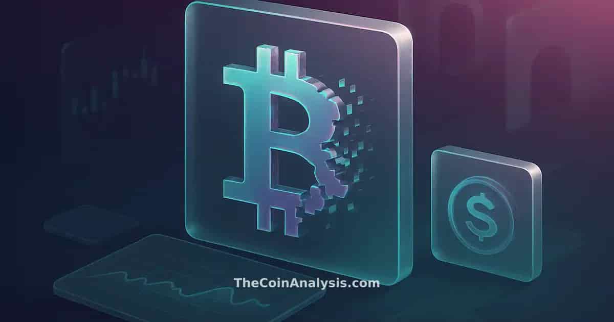 Isometric digital art of a fractured Bitcoin symbol dissolving into shards with floating data panels and market candles.