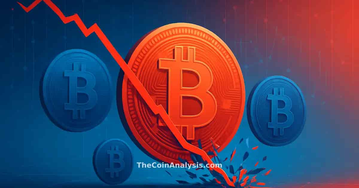 Abstract digital Bitcoin coins with sharp red downward price chart and shattered data points in blue gradients
