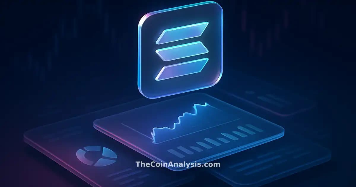 Isometric data visualization with frosted-glass Solana token hovering above layered dashboards and abstract market candles